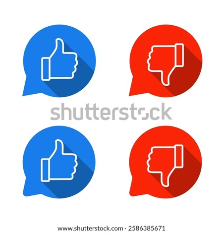 Like and dislike hand outline icon on speech bubble. Thumb up and down symbol with long shadow