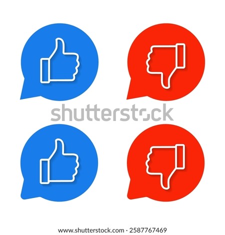 Like and dislike hand outline icon on speech bubble. Thumb up and down with shadow