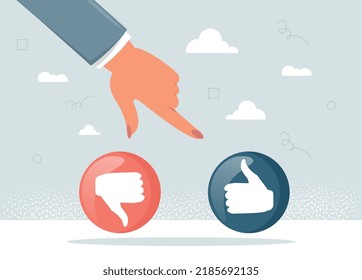 Like and dislike. Hand points to one of buttons. Graphic elements for website. Feedback, opinions of customers and evaluation of content, promotion on Internet. Cartoon flat vector illustration