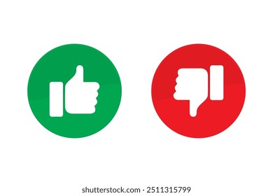 Like and dislike hand symbols set in green and red circles flat vector icons. Rating and feedback thumbs up and thumbs down icon set isolated on white background. Do and Don't symbols.