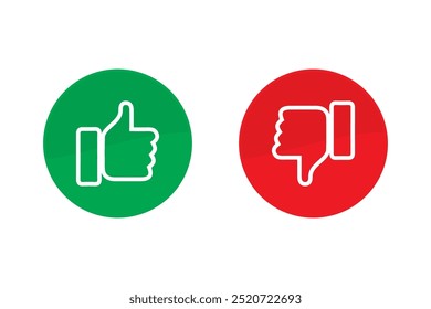 Like and dislike hand symbols set in green and red circles flat vector icons. Rating and feedback thumbs up and thumbs down outline style icons isolated on white background. Do and Don't symbols.