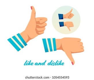 Like, dislike hands. Badges approval, dislike. Social elements, finger hands up, down, characters are yes, no. Social networks, content, negative and positive feedback