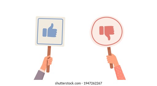 Like or Dislike. Hands holding signs with likes and dislikes. Votes of judges. Feedback. Hands holding likes and dislikes signs. Vector illustration