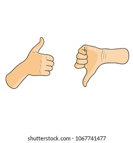 Like and dislike hands, thumbs up and down. Cartoon vector illustration.  