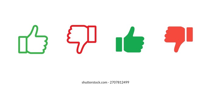 Ícone Curtir e Não Curtir. Os gestos com as mãos verdes e vermelhas mostram aprovação e rejeição em uma simples ilustração vetorial de estilo plano. Símbolo de feedback útil para o sinal de design de interface do usuário e pictograma de interação social.