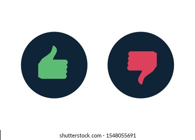 Like and dislike icon inside circle. Thumb up and down gestures that demonstrate choice, approvement or rejection.