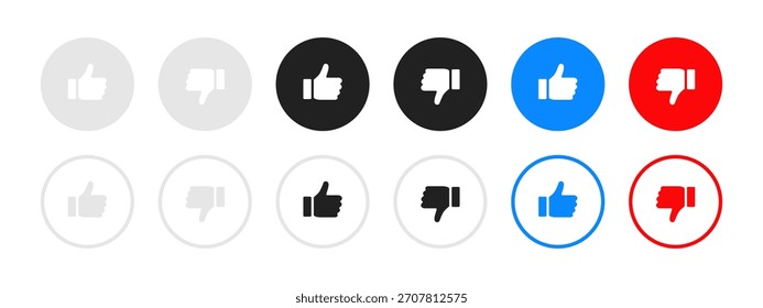 Icono de disgusto. Mezcla de símbolos de pulgar rellenos y contornos en gris, negro, azul y rojo para calificación y Vector de Comentarios. Conjunto de reacciones limpias para el signo de Botones de interfaz de usuario. Pictograma de concepto de elección de interfaz moderno