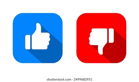 Like and dislike icon on square background. Thumb up and down with long shadow