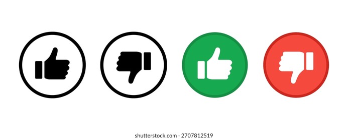 Ícone Curtir e Não Curtir. Polegares circulares simples para aprovação e símbolo de rejeição. Limpar elementos de classificação para o vetor de feedback social. Opções positivas e negativas para o sinal de design de interface do usuário.