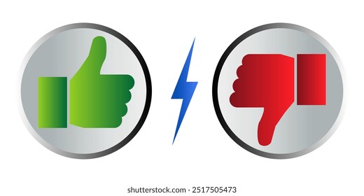 Me gustan y no me gustan los pulgares del ícono hacia arriba y hacia abajo Botones 3D de Vector coloridos para Sitios web y App móviles