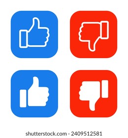 Me gusta y no le gusta el vector de iconos en el fondo cuadrado. Símbolo ascendente y descendente