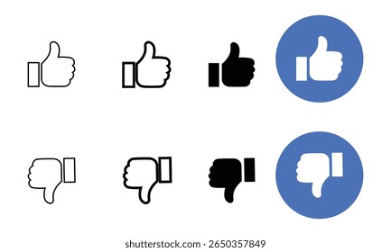 Like and dislike icon vector. Social media thumb up down. Outline, solid, and circular styles for feedback and reactions like and dislike social network pictograms isolated on transparent background.