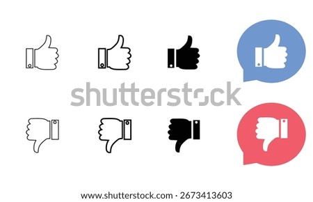 Like and dislike icon vector. Social media thumb up down. Outline, solid, and circular styles for feedback and reactions like and dislike social network pictograms isolated on transparent background.	