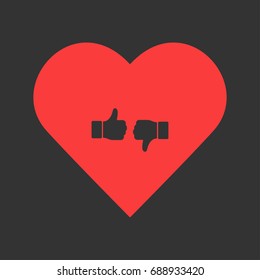 Like and dislike like icons flat. Simple pictogram on heart background. Vector illustration symbol