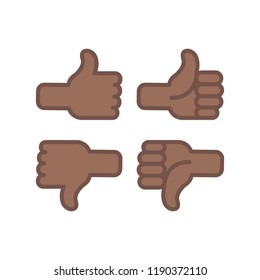 Like and dislike icons, positive and negative reaction, dark skin tone vector set