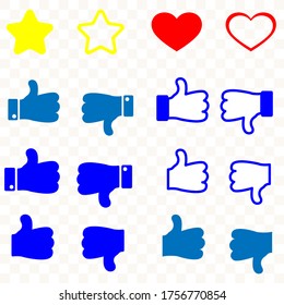 Like and dislike icons set. Thumbs up and thumbs down. Star and heart icons set. Vector illustration