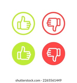 Like dislike icons set. Thumbs up, thumbs down, hand, red, green, flat, social media, rate, quality, approve, reject, rate. Reaction concept. Set of vector icons isolated on white background