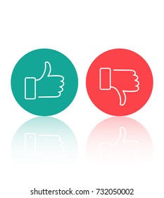 Like and dislike icons set. Thumbs up and thumbs down. Modern graphic elements for web banners, web sites, printed materials, infographics. Vector round thin line icons isolated on white background.