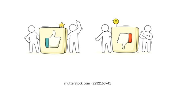 Like and dislike icons with thumb up and down symbols. Doodle people standing with square buttons with signs of good and bad, positive and negative reaction, vector hand drawn illustration