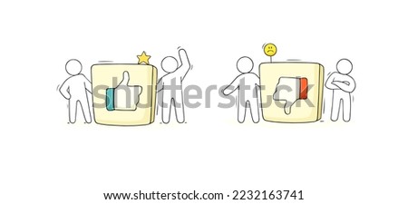 Like and dislike icons with thumb up and down symbols. Doodle people standing with square buttons with signs of good and bad, positive and negative reaction, vector hand drawn illustration