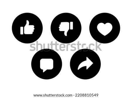 Like, dislike, love, comment, and share icon vector in clipart style. Social media elements