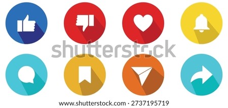 Like, dislike, love, notification, comment, share, save, reaction icon to posts on social media. Like comment share save button icon set. Vector illustration.
