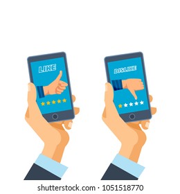 Like, dislike in mobile app. Badges approval. Finger hands up, down, characters are yes, no. Social networks, likes and dislikes, ui ux interface elements, mobile app. Illustration isolated.