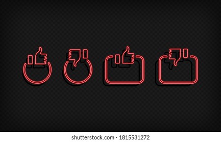 Gefällt und gefällt Neonsymbol nicht. Drehen Sie sich mit Quadrat und Kreis nach oben und unten. Konzept der sozialen Vernetzung. Vektorgrafik einzeln auf schwarzem Hintergrund. EPS10