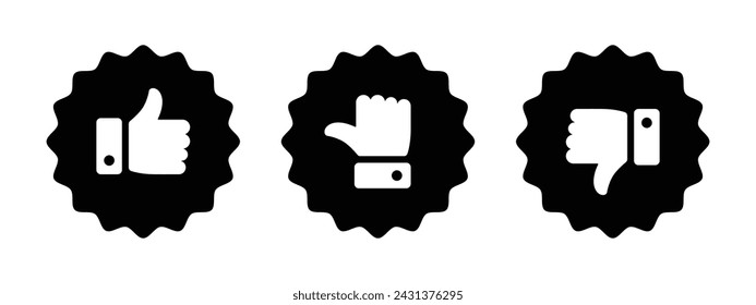 Like, dislike and neutral thumb icon symbol set in black and white rounded zig zag circle on white background. Rating thumb icon set - Vector Icon