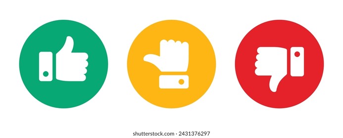 Like, dislike and neutral thumb icon symbol set in circle with green, yellow and red color on white background. Rating thumb icon set - Vector Icon