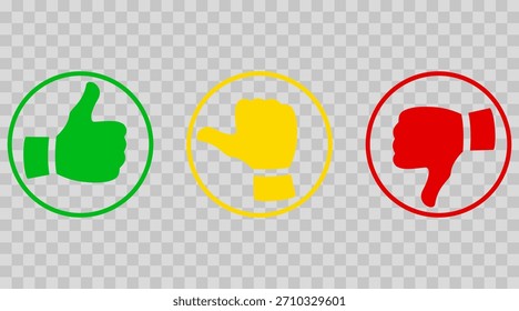 Icono de pulgar neutro y disgustar establecido en círculos de contorno. Pulgares verdes hacia arriba, pulgar neutro amarillo y pulgares rojos hacia abajo símbolos sobre fondo blanco. Iconos de clasificación de Comentarios, Ilustración vectorial.