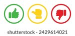 Like, dislike and neutral thumb symbols in green, yellow and red color outline. Feedback and rating thumbs up and thumbs down icon set. Thumbs up, down and sideways symbols.