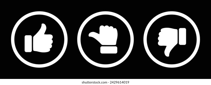 Like, dislike and neutral thumb symbols in white circle outline. Feedback and rating thumbs up and thumbs down icon set. Thumbs up, down and sideways symbols isolated on black background.