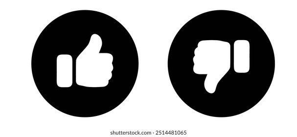 Like, dislike and neutral thumb symbols in white and black circle. Feedback and rating thumbs up and thumbs down icons set. Thumbs up, down and sideways icon set isolated on white background.