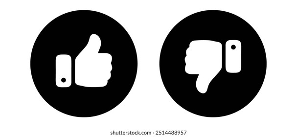 Like, dislike and neutral thumb symbols in white and black circle. Feedback and rating thumbs up and thumbs down icons set. Thumbs up, down and sideways icon set isolated on white background.