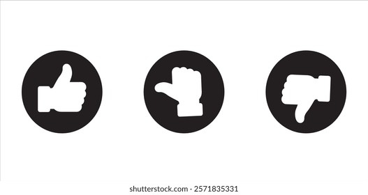 Like, dislike and neutral thumb symbols in white and black circle. Feedback and rating thumbs up and thumbs down icons set. Thumbs up, down and sideways icon set isolated on white background