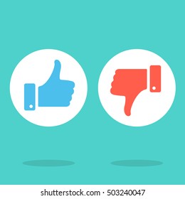 Like and dislike round icons set. Blue thumbs up and red thumbs down symbols in white circles. Modern vector icons