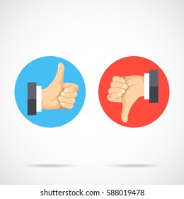 Like and dislike. Round icons set. Hands with thumbs up, thumbs down. Modern flat design graphic elements, flat icons set for web banner, websites, infographics, printed materials. Vector illustration