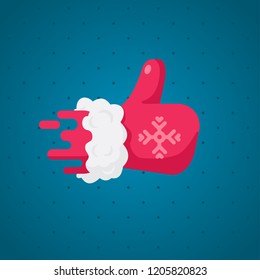 Like or dislike Santa Claus on a blue background. Red glove with a snowflake. Vector illustration.