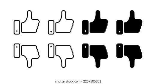 Like and dislike set icon. Reaction, hand, thumbs up, like, chat, communication, dialogue, contact, cooperation, appeal. Communication concept. Vector line icon on white background