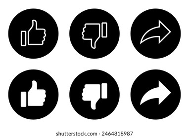 Like, dislike, and share icon on black circle. Thumb up, down, and arrow concept. Social media reaction