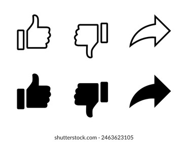 Like, Dislike und Share Icon Set. Thumb Up, Down und Arrow Concept