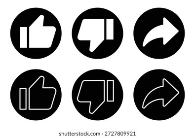 Me gusta, no me gusta y compartir conjunto de iconos. El pulgar hacia arriba, hacia abajo y el concepto de flecha. 