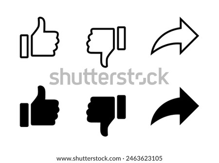 Like, dislike, and share icon set. Thumb up, down, and arrow concept