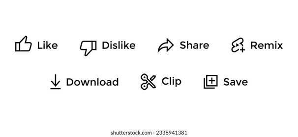 Como, no me gusta, compartir, remezclar, descargar, recortar y guardar el vector de iconos. IU de canal de vídeo de streaming