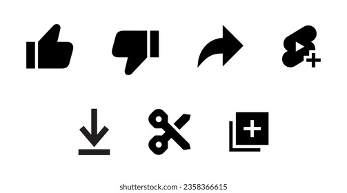 Like, dislike, share, remix, download, clip, and save icon vector in flat style. Streaming video channel UI elements