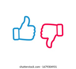 Like and dislike sign. Up and down thumbs icon. Thumbs up and thumbs down. Approve and disapprove. Like icon and dislike icon. Vector icons set isolated on white background.