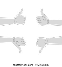 Like and Dislike sign. One line human hands. Thumbs up and thumbs down. Vector illustration