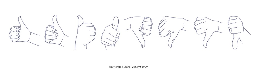 Like and dislike sketch. Set of hand gestures in various positions. Contour vector illustration. Index, middle, ring, little fingers and thumb