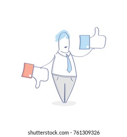 Like and Dislike, Social media marketing concept. Cute cartoon character holds Like and Dislike in hands. Flat outline vector illustration in trendy design style.
